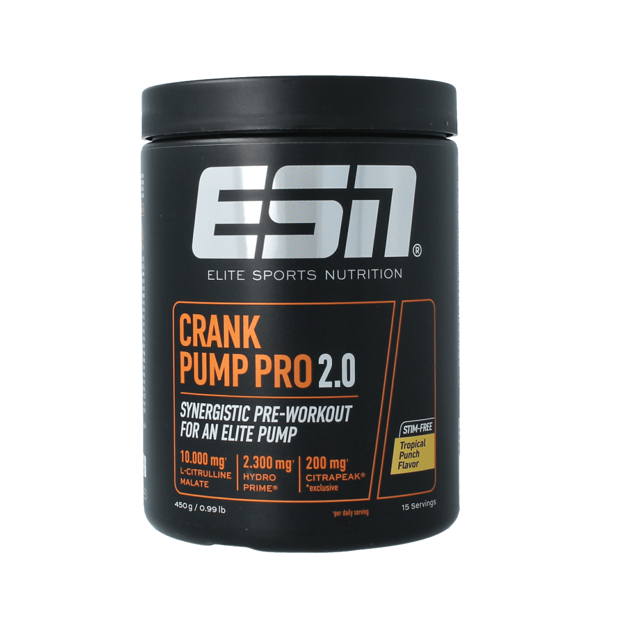 ESN Crank Pump Pro 2.0 Tropical Punch amino acid supplement in a 450g container, featuring vibrant tropical punch flavor.