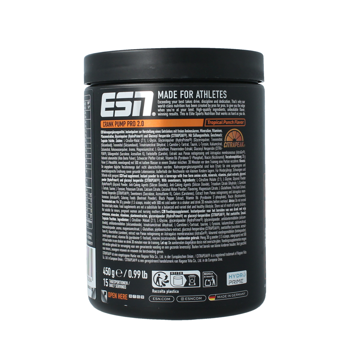 ESN Crank Pump Pro 2.0 Tropical Punch amino acids supplement, 450g container, with vibrant tropical punch flavor.
