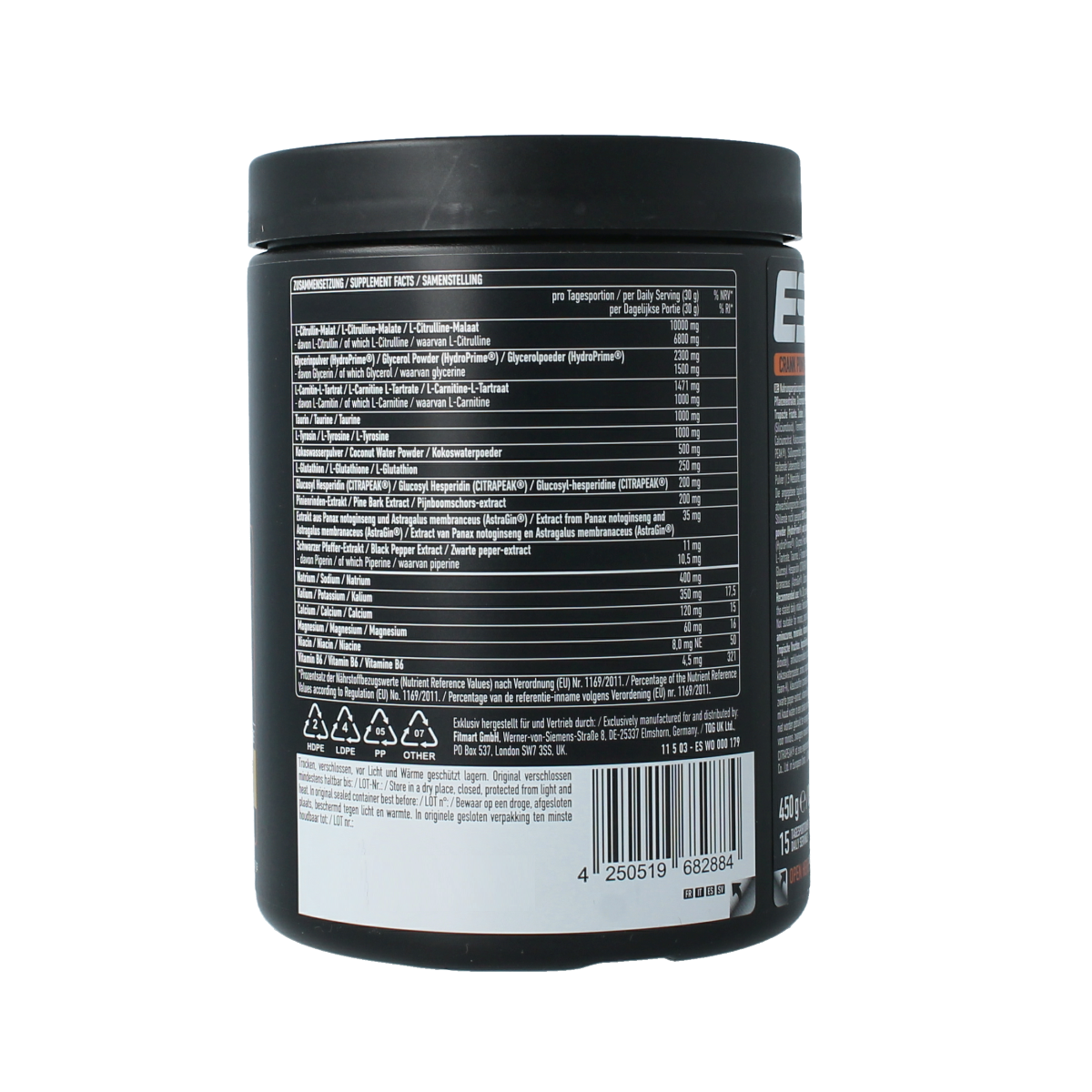 ESN Crank Pump Pro 2.0 tropical punch amino acids supplement in a 450g container with tropical fruit flavor.