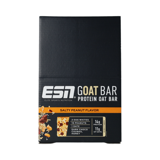 ESN GOATBAR Salty Peanut protein bar, 12-pack, showing the bar with salted peanut flavor and packaging.