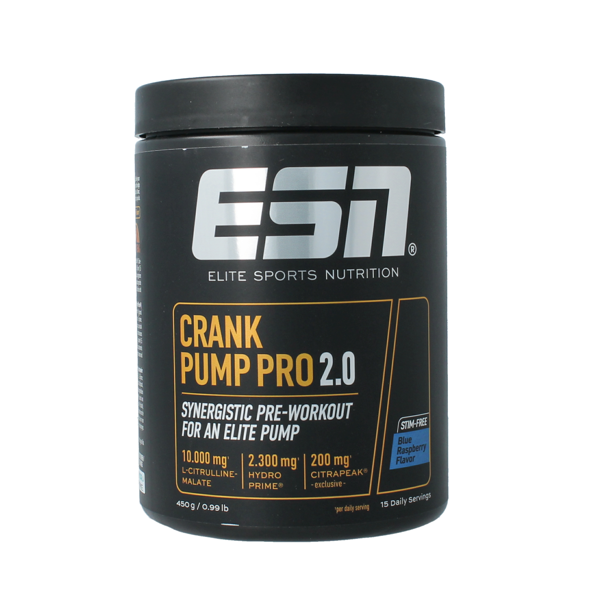 ESN Crank Pump Pro 2.0 blue raspberry amino acids supplement, 450g, in a blue raspberry flavor container