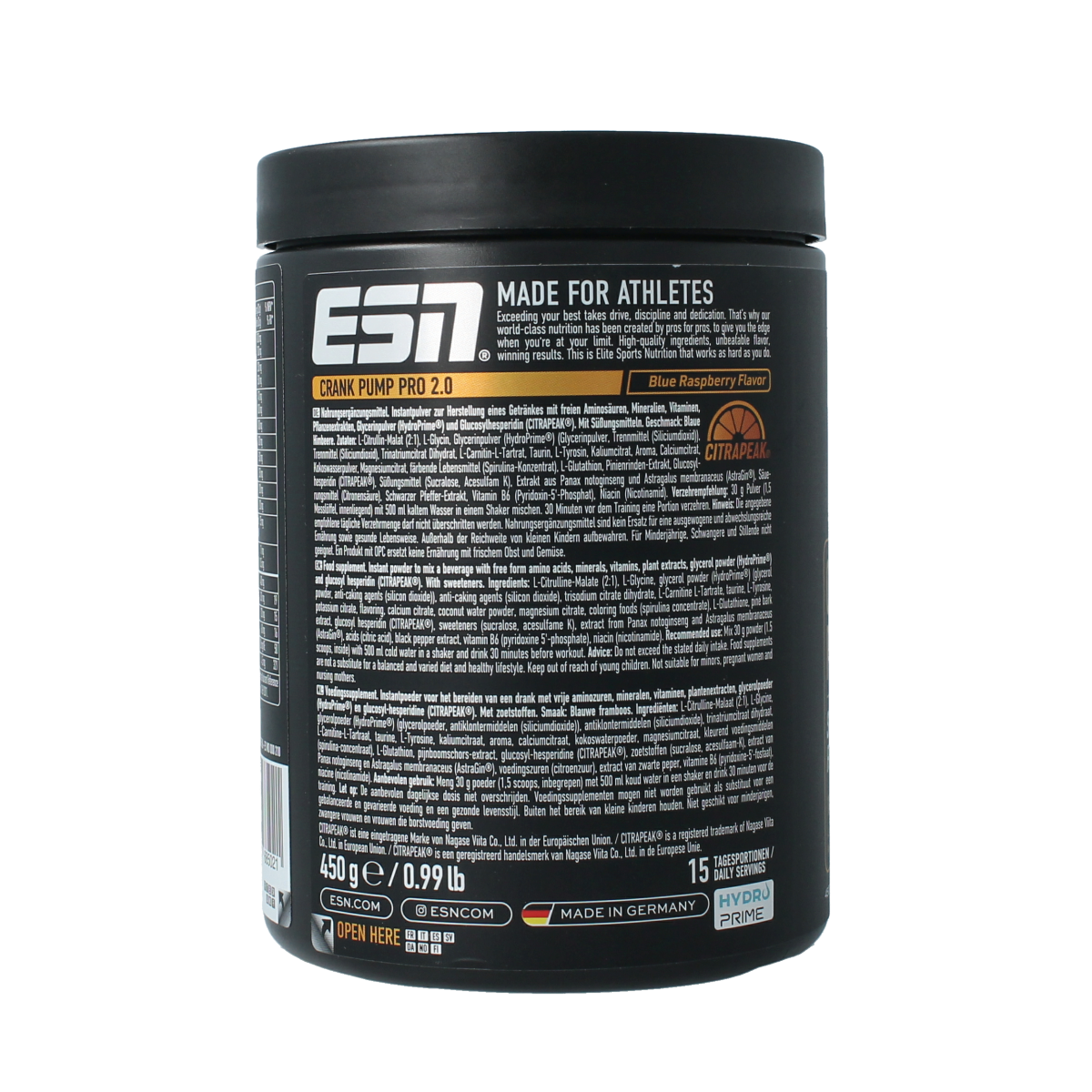 ESN Crank Pump Pro 2.0 amino acid supplement in blue raspberry flavor, 450g container, featuring a blue raspberry design on the label.