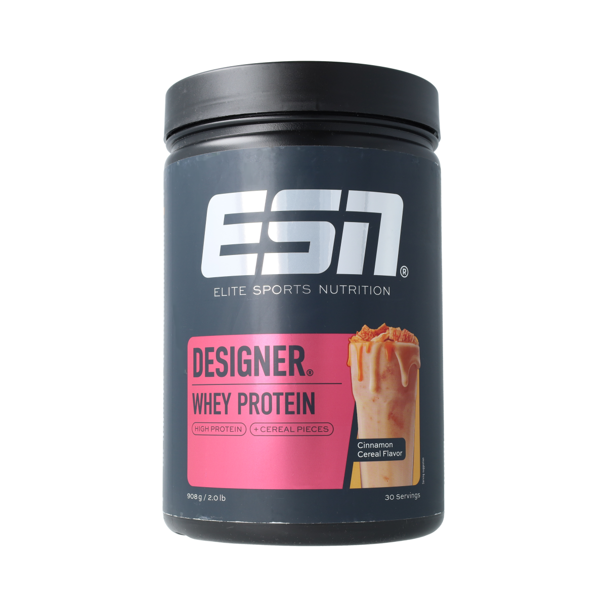 ESN Designer Whey Cinnamon cereal container, 908g, featuring a resealable lid and colorful branding, designed for protein supplement use.