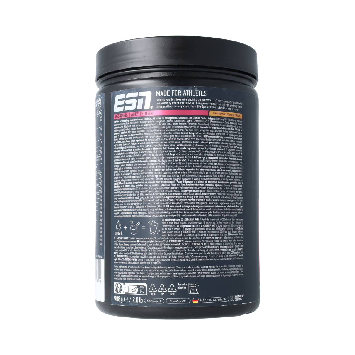 ESN Designer whey cinnamon cereal container, 908g, with visible cereal flakes and cinnamon flavor packaging.