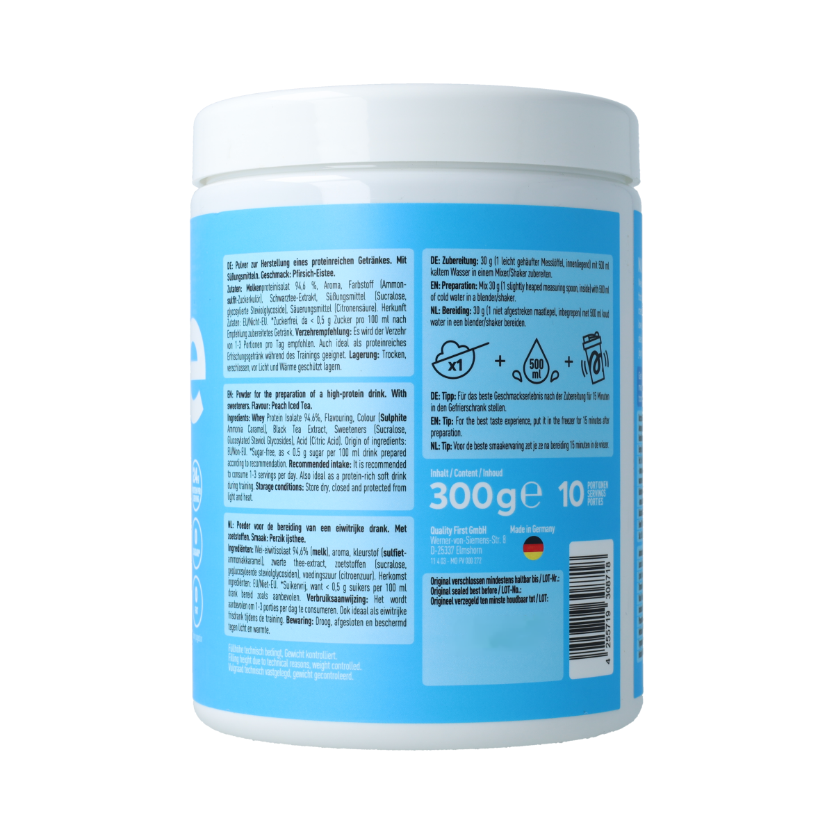 More Nutrition More Clear Iced Tea Style Peach sports nutrition powder in 300g container, with peach flavor and clear, refreshing appearance.