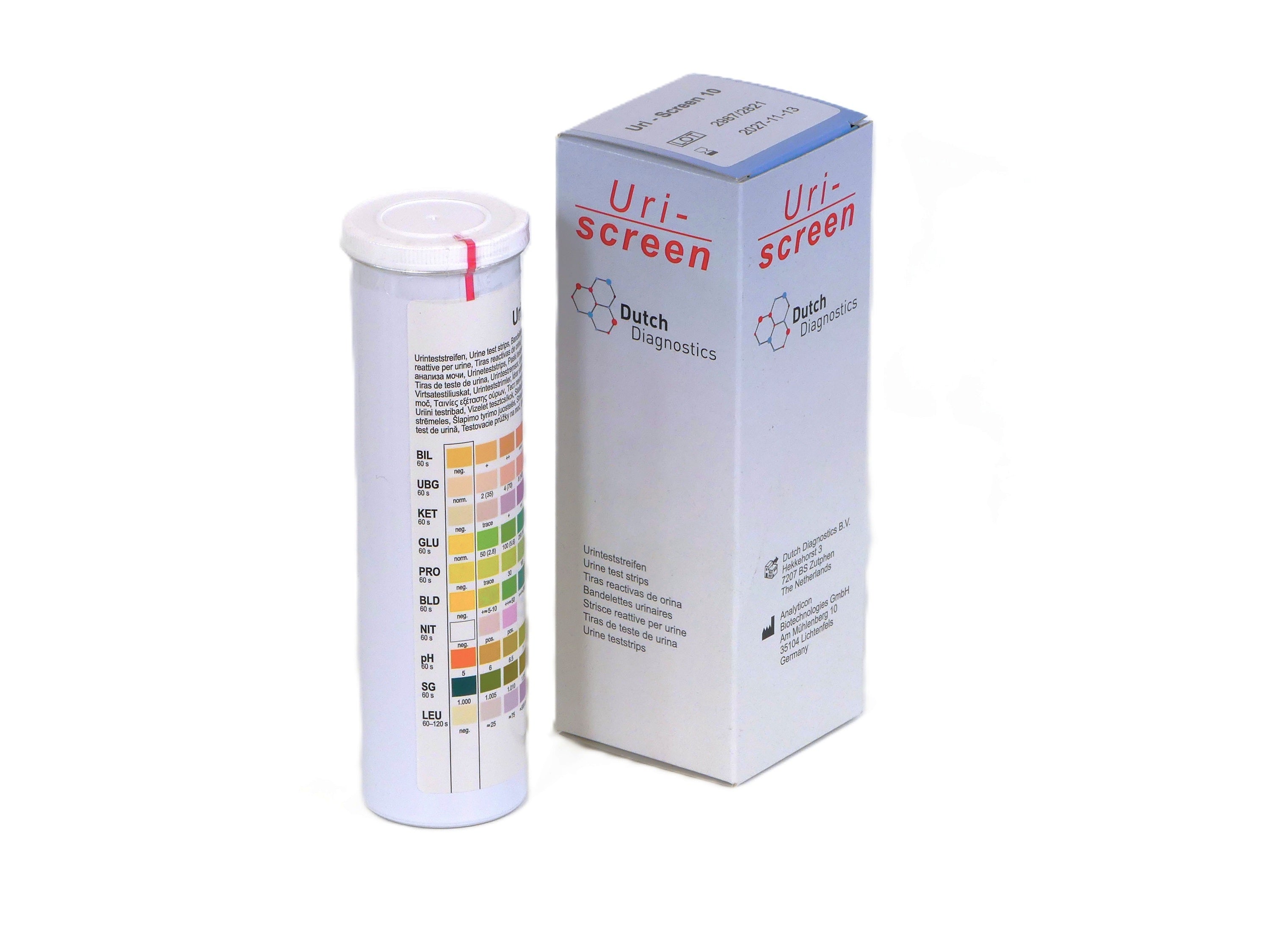 Dutch Diagnostics Uri-Screen 10 self-test kits by Testjezelf.nu, showing individually packaged testing strips for at-home urinalysis.