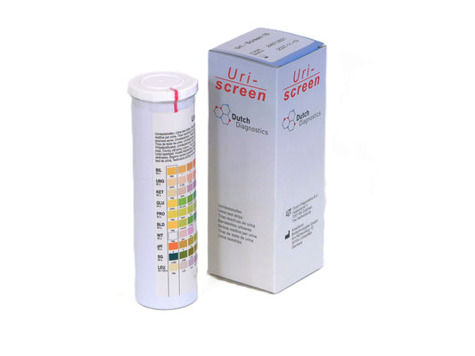 Dutch Diagnostics Uri-Screen 10 self-test kits by Testjezelf.nu, showing individually packaged testing strips for at-home urinalysis.