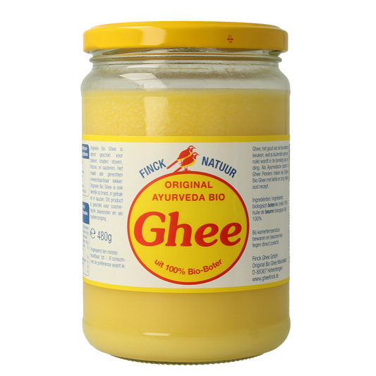 Ghee Finck naturkost bio clarified butter in 480g jar, showcasing golden, smooth butter with a natural, creamy texture.