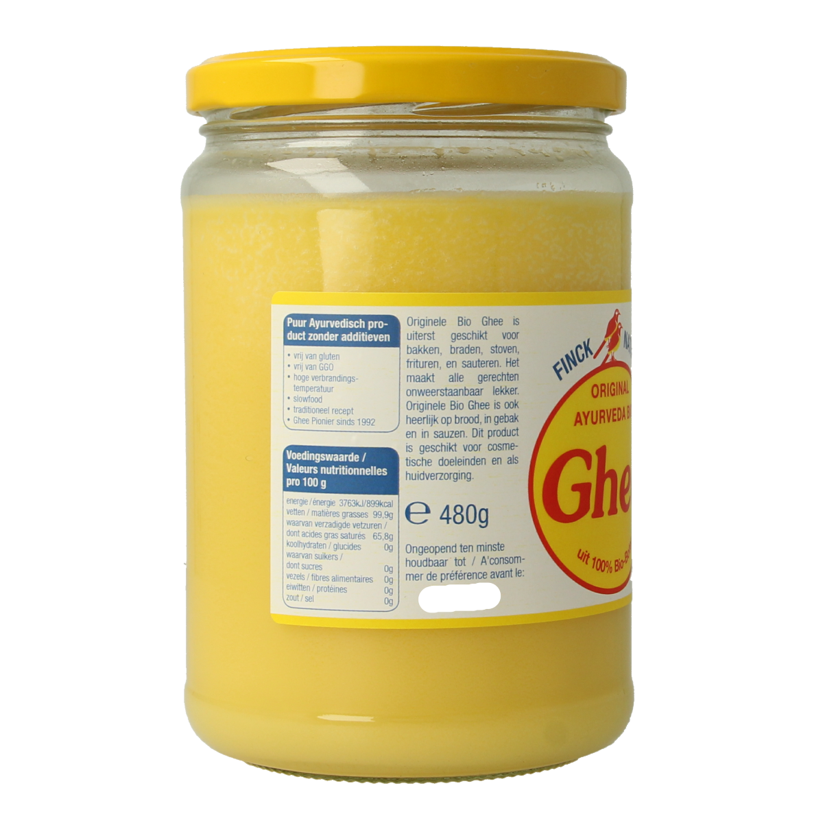 Ghee Finck naturkost geklaarde boter bio, 480g jar of organic clarified butter from Ghee brand, with a clean label and golden color.