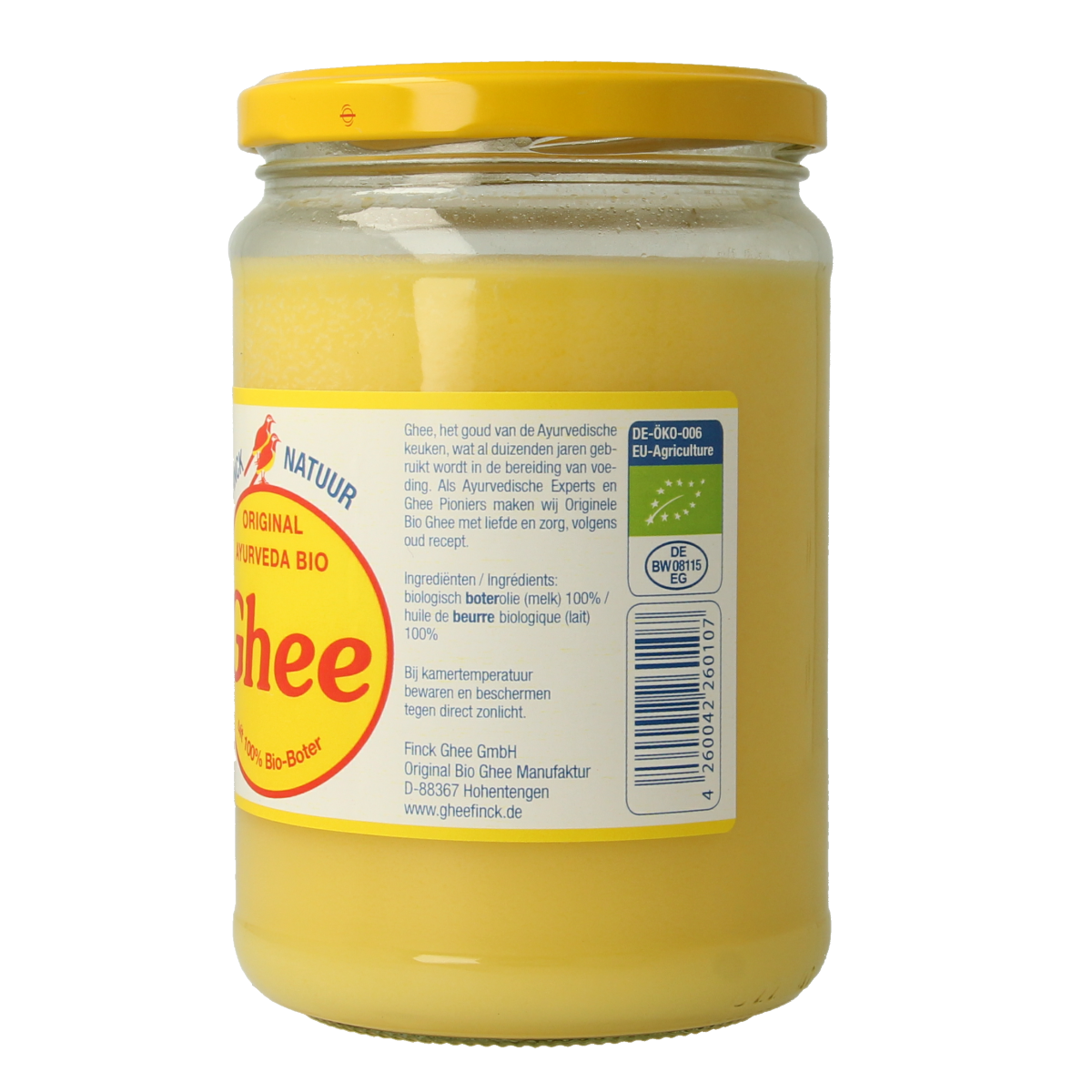 Ghee Finck naturkost geklaarde boter bio in 480g jar, organic clarified butter from Ghee brand, creamy and golden in color.