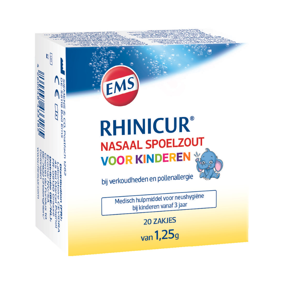 Rhinicur Neus spoelzout zakje for nasal care and inhalation, 20-pack, with white sachets for nasal cleansing.