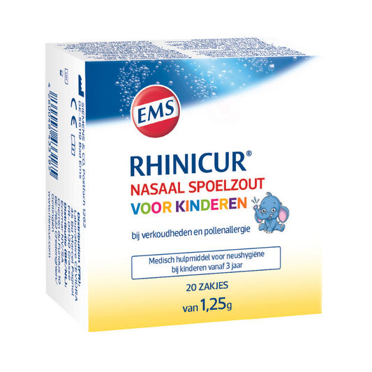 Rhinicur Neus spoelzout zakje for nasal care and inhalation, 20-pack, with white sachets for nasal cleansing.