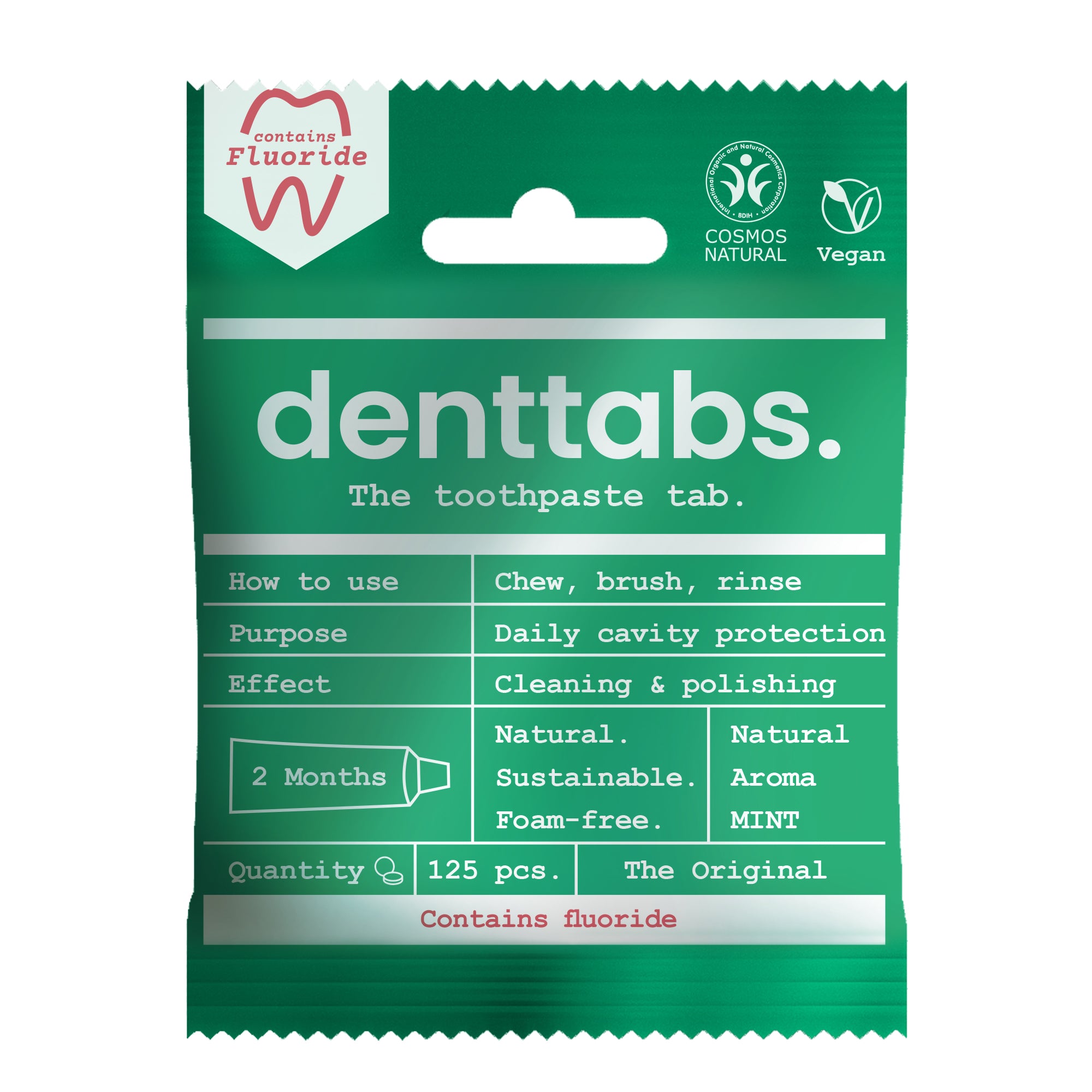 Denttabs vegan mint toothpaste tablets with fluoride, 125 count, showing the round tablets in a clear container.