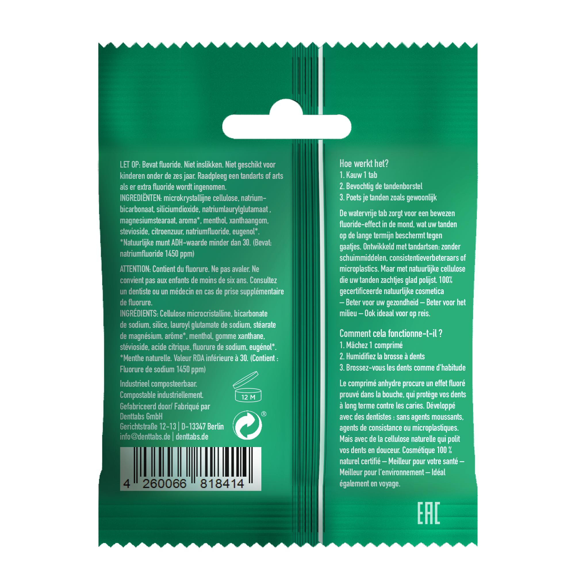 Denttabs vegan mint toothpaste tablets with fluoride, 125 count, displayed in a close-up image showing the tablets' packaging.