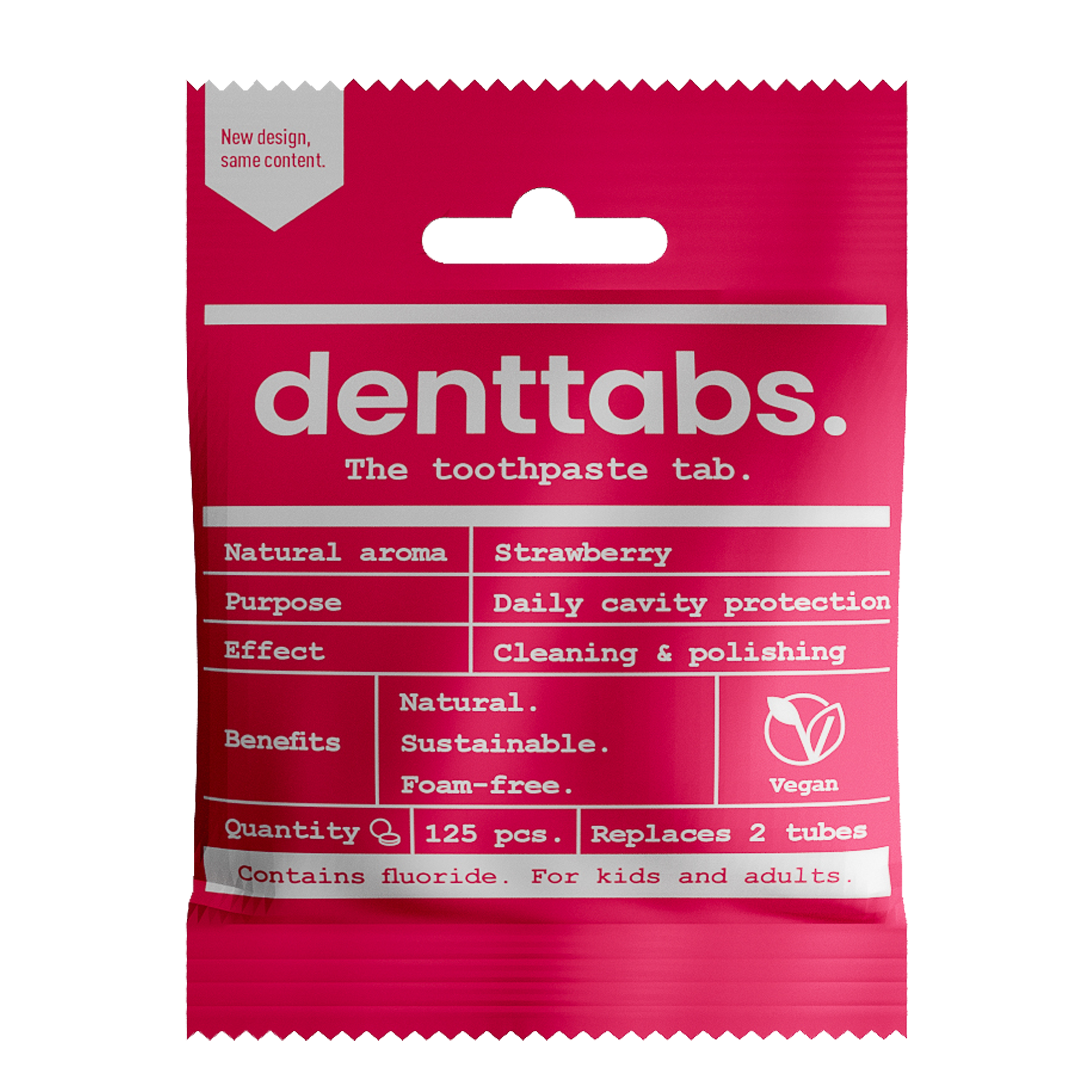 Denttabs vegan strawberry toothpaste tablets with fluoride, 125 pieces, showing the round, pink tablets in a clear container.