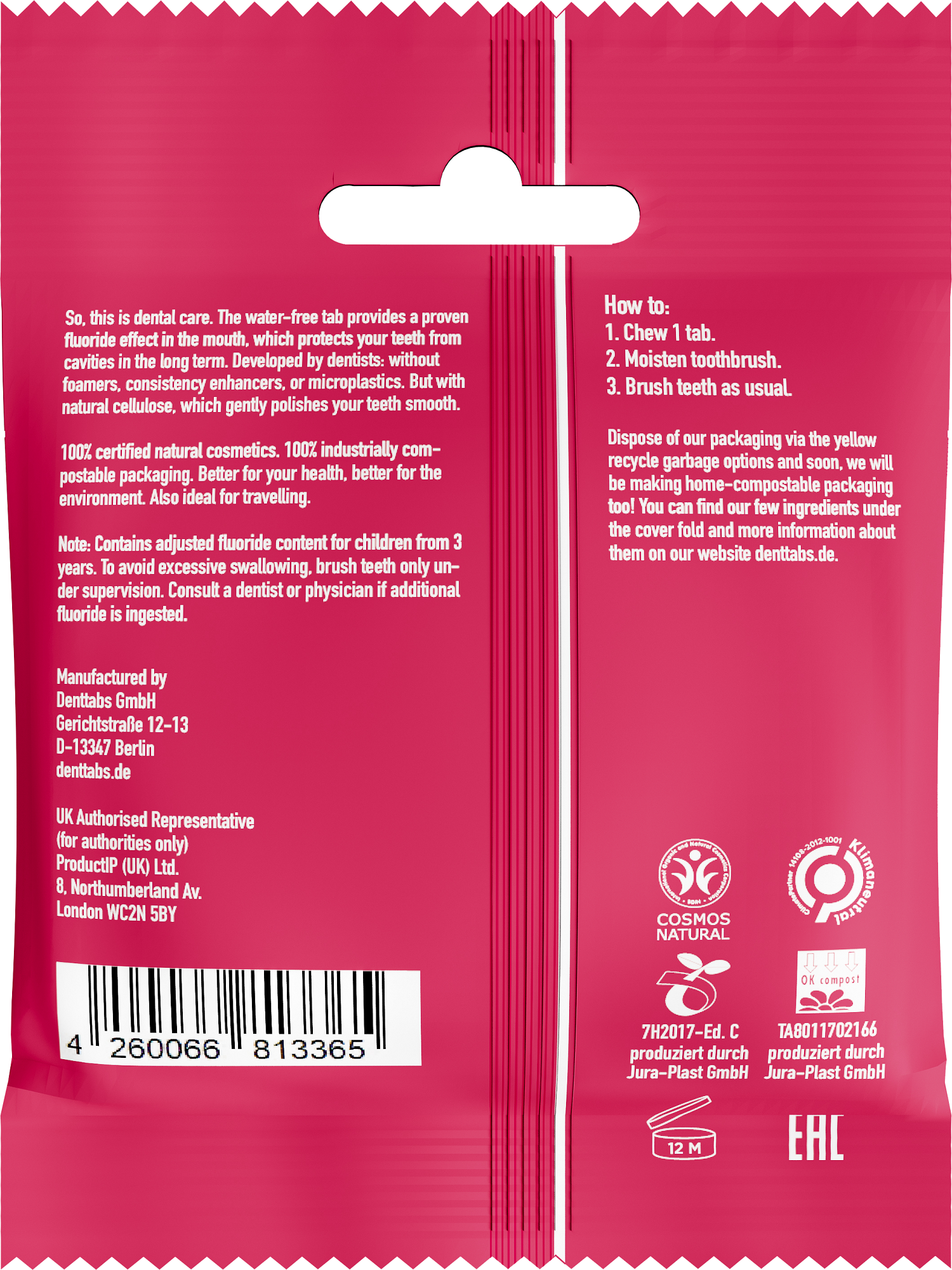 Denttabs vegan strawberry toothpaste tablets with fluoride, 125 count, in a clear container showing pink tablets.