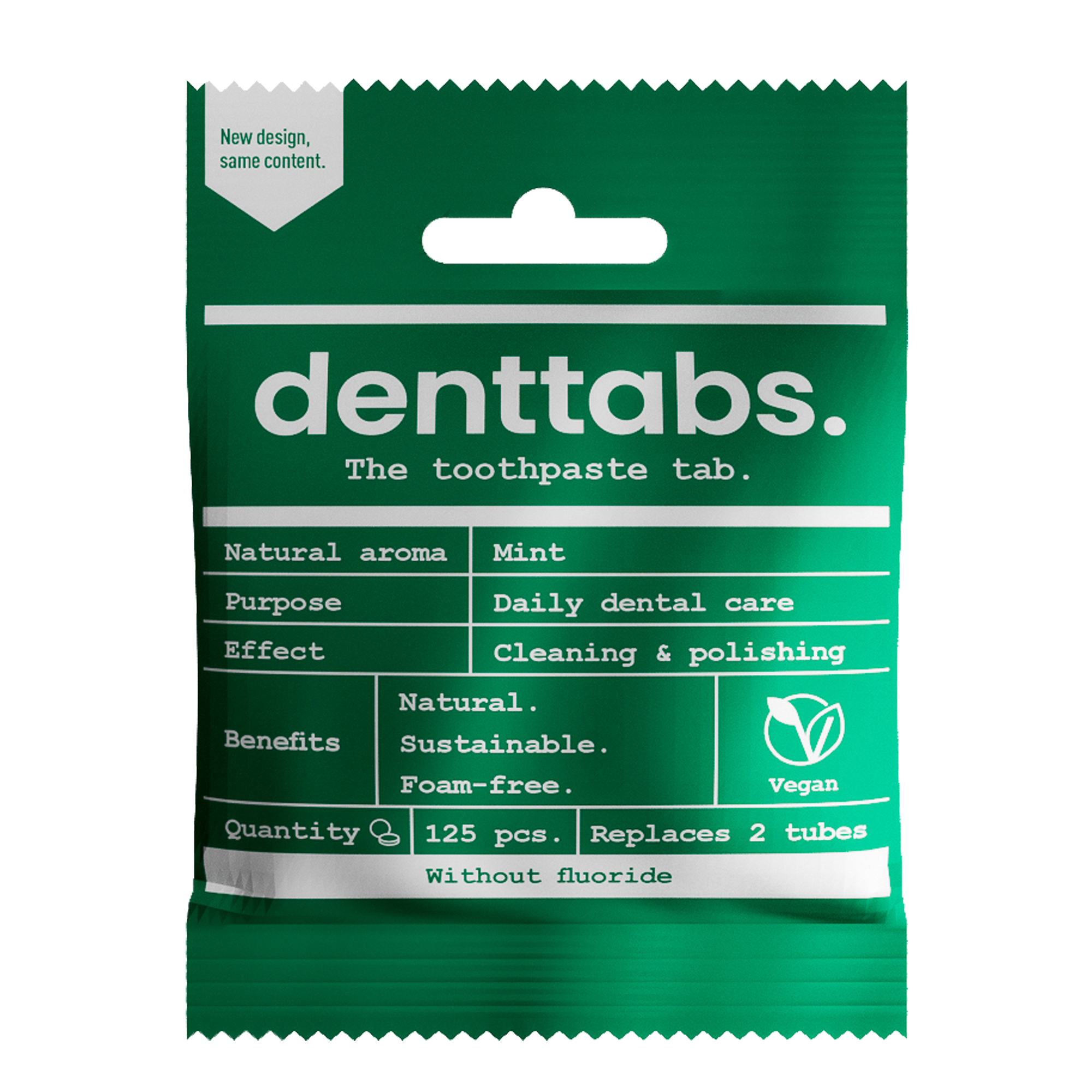 Denttabs vegan fluoride-free mint toothpaste tablets in a box, 125 pieces, with packaging showing tablets and mint flavor label.