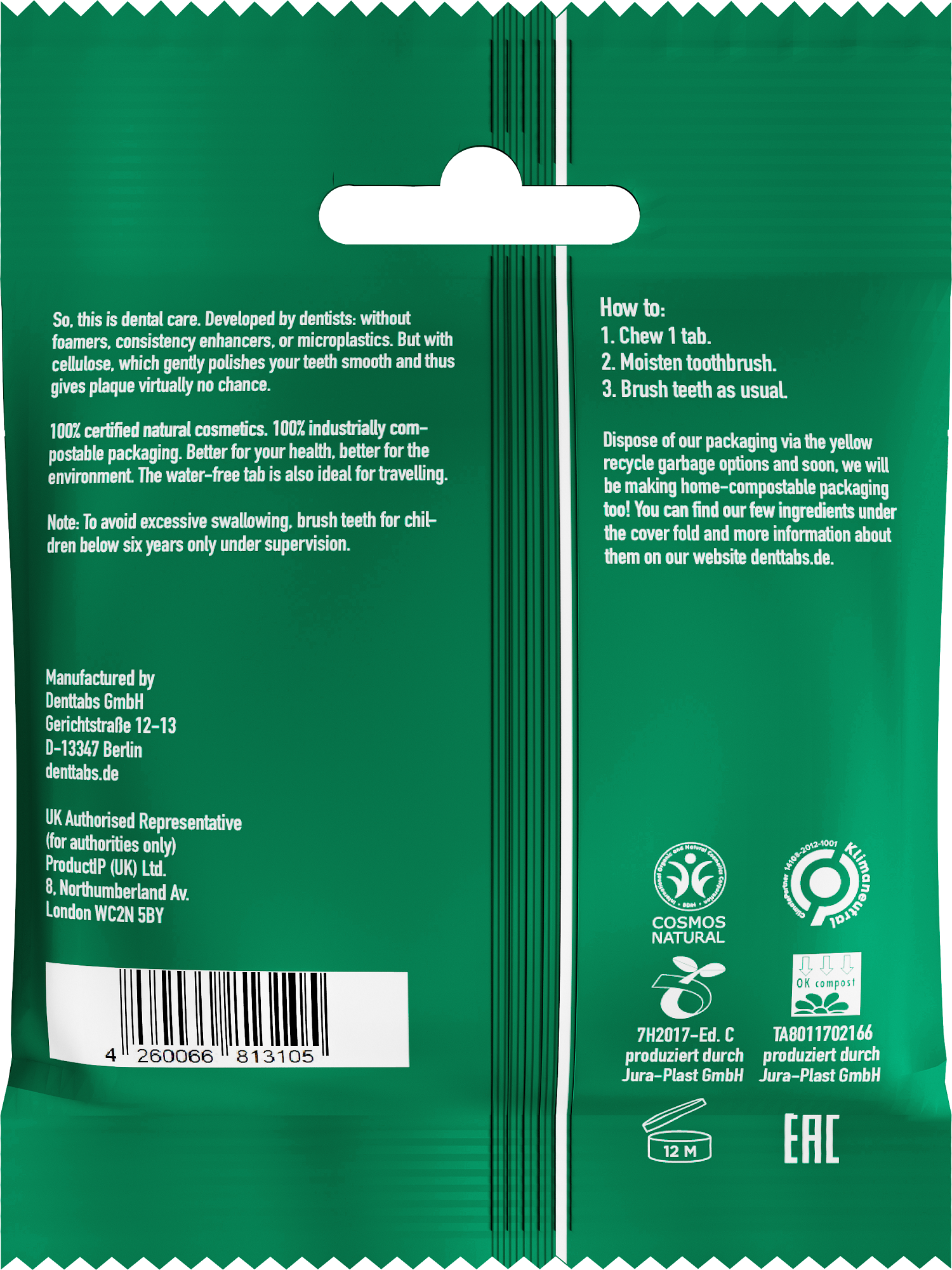Denttabs vegan fluoride-free mint toothpaste tablets in a jar, 125 count, natural oral hygiene product from Denttabs.