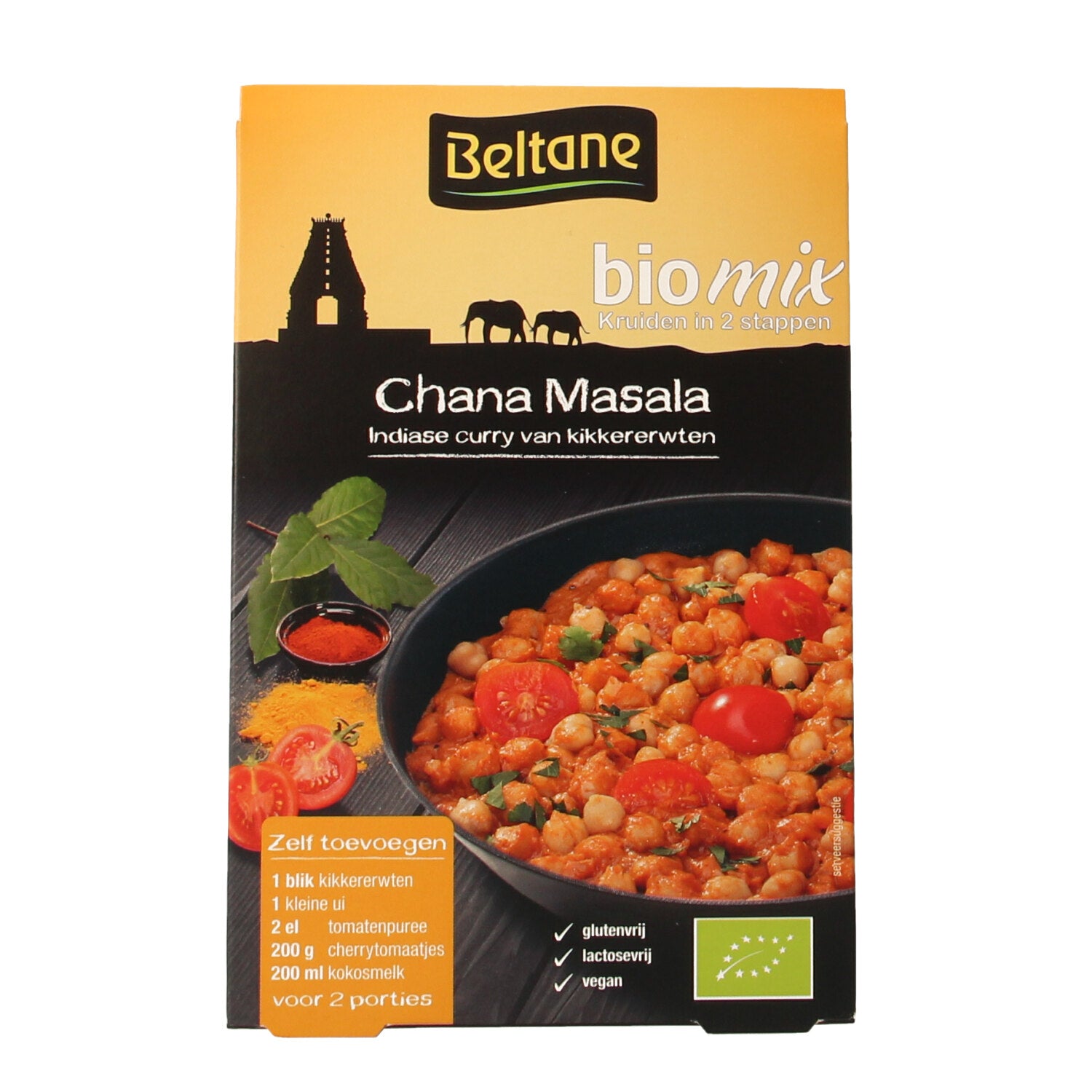 Beltane Bio Chana Masala spice mix in 25.10g packet, part of Beltane's kruiden, zouten en maaltijdmixen collection.