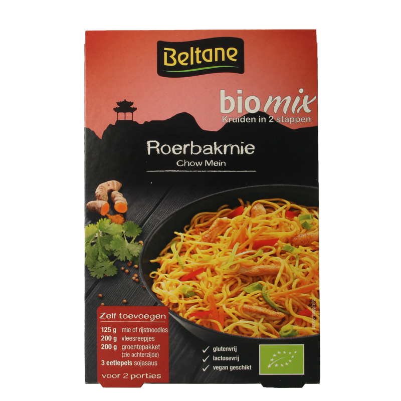 Beltane bio Beltane Roerbakmie 20.3g with herbal seasoning and meal mix, displayed in packaging.