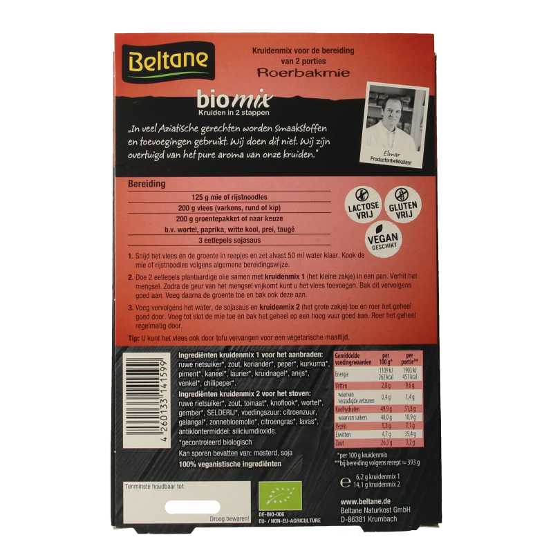 Beltane bio Roerbakmie with herbs, salt, and meal mix in 20.3 grams package, showing colorful ingredients and packaging.