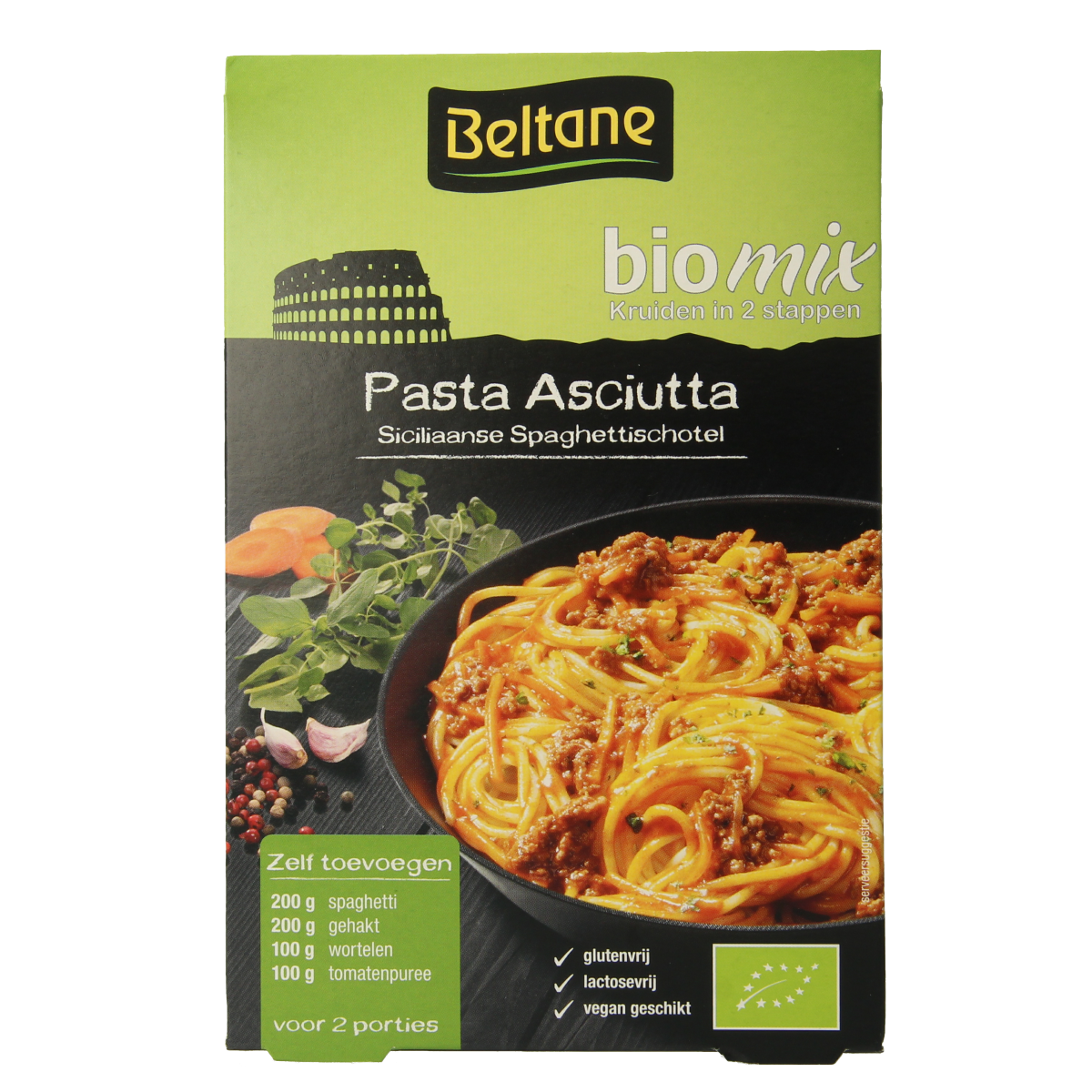 Beltane Asciutta Siciliaanse spaghetti schotel mix bio, 29.80g, in a bowl with ingredients and seasoning for pasta sauce.