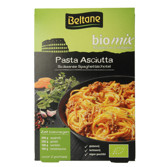 Beltane Asciutta Siciliaanse spaghetti schotel mix bio, 29.80g, in a bowl with ingredients and seasoning for pasta sauce.