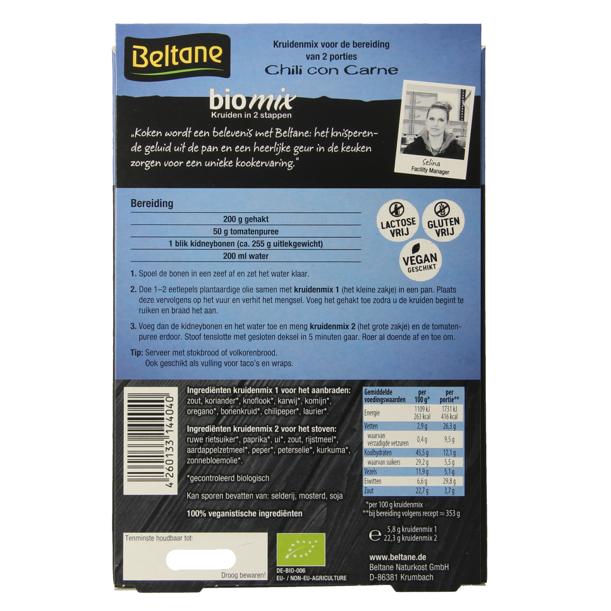 Beltane Chili con Carne mix bio, 28.10 gram, organic spice blend for flavorful chili dishes, shown in the image.