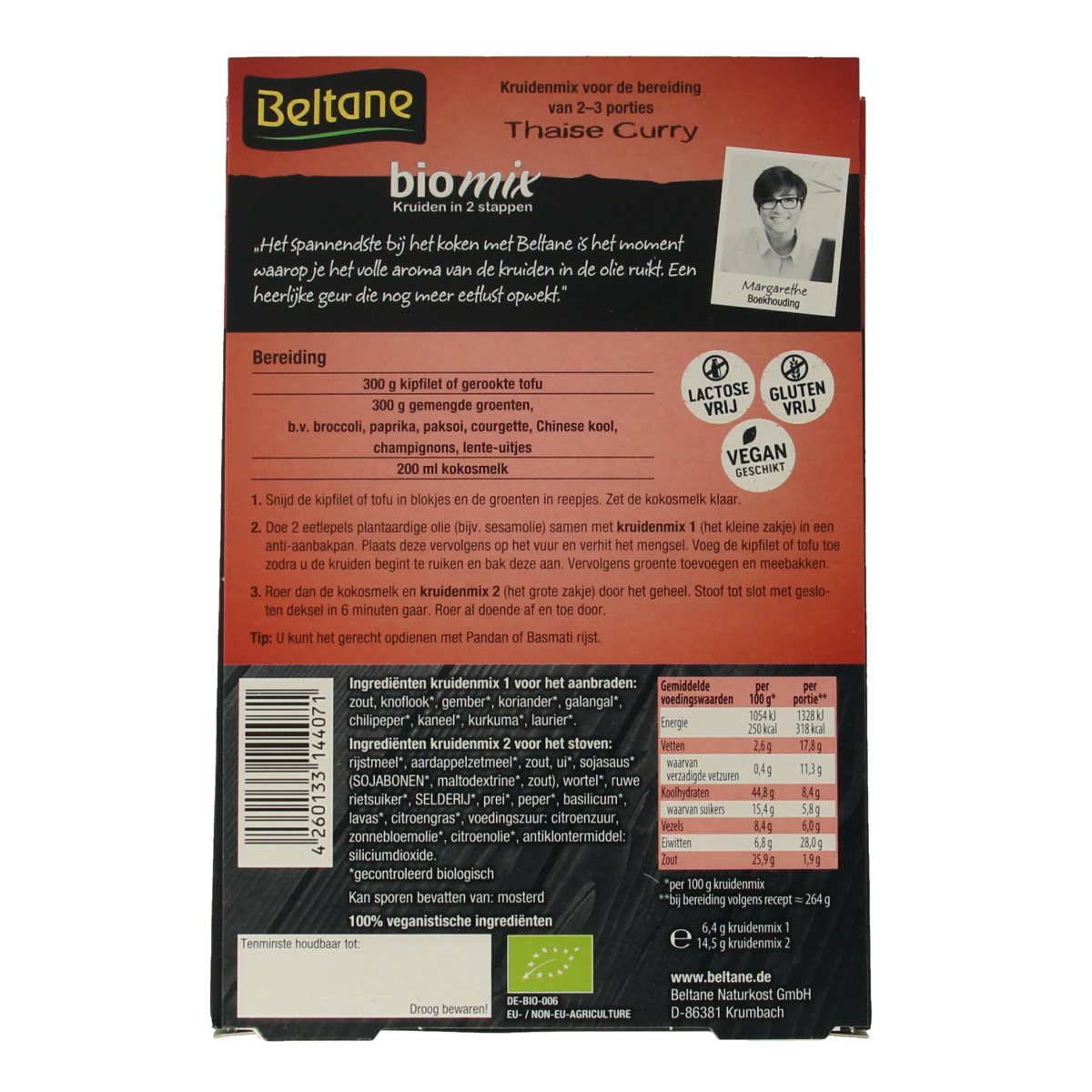 Beltane Thai curry mix bio in 20.90 grams, featuring colorful spices and herbs in a clear packaging shot.