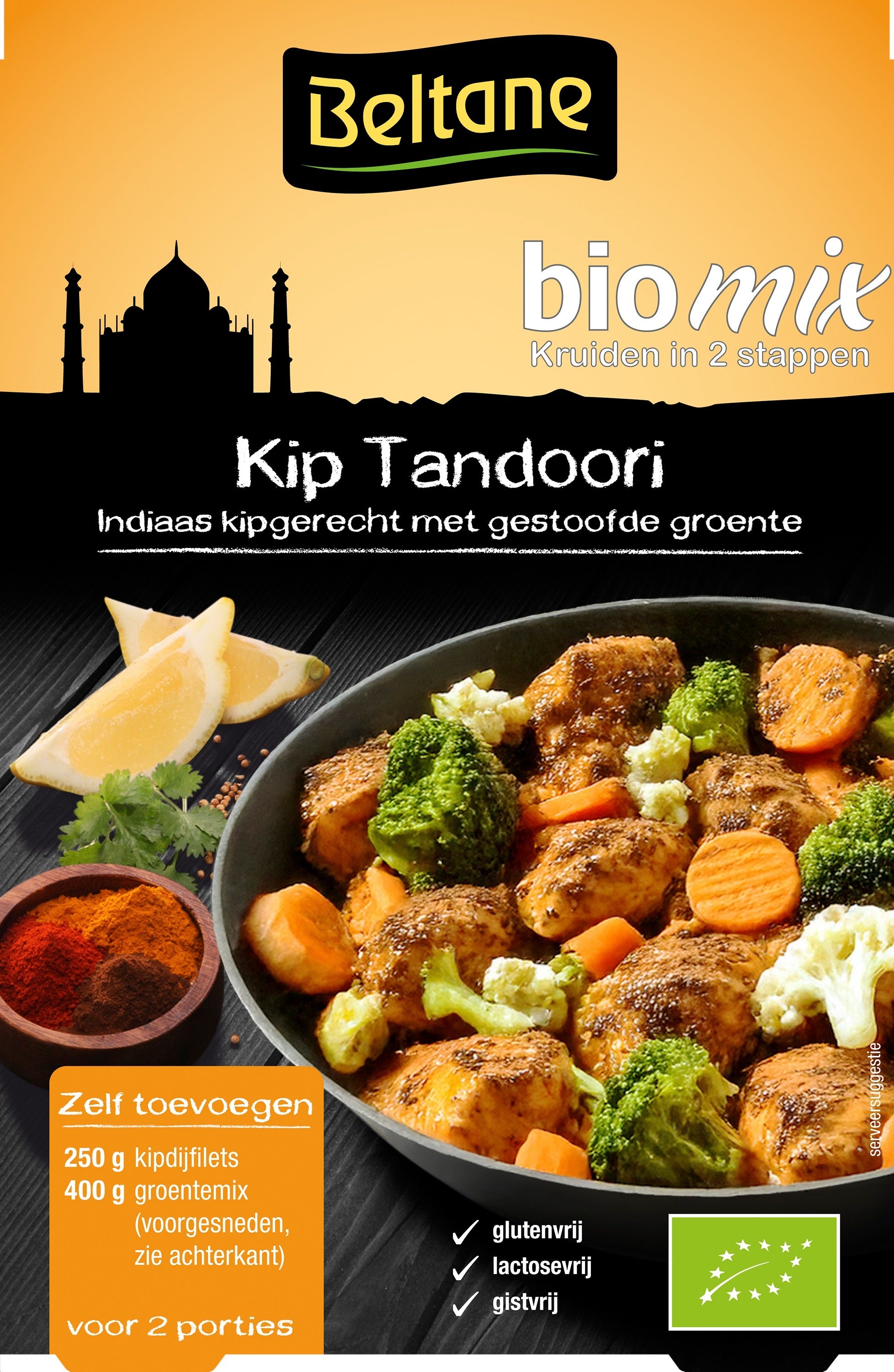 Beltane Kip Tandoori Kruiden Bio 21.5g, organic spice blend for flavorful tandoori dishes, shown in the image.