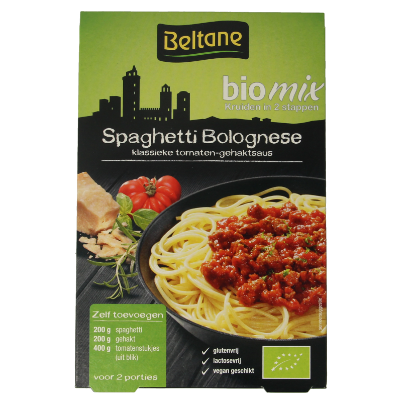 Beltane organic spaghetti bolognese mix in 27g packet, gluten-free pasta and rice blend, with pasta and rice grains visible.
