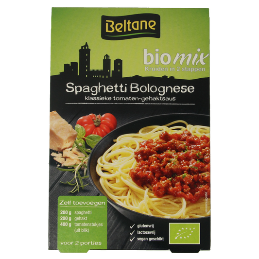 Beltane organic spaghetti bolognese mix in 27g packet, gluten-free pasta and rice blend, with pasta and rice grains visible.