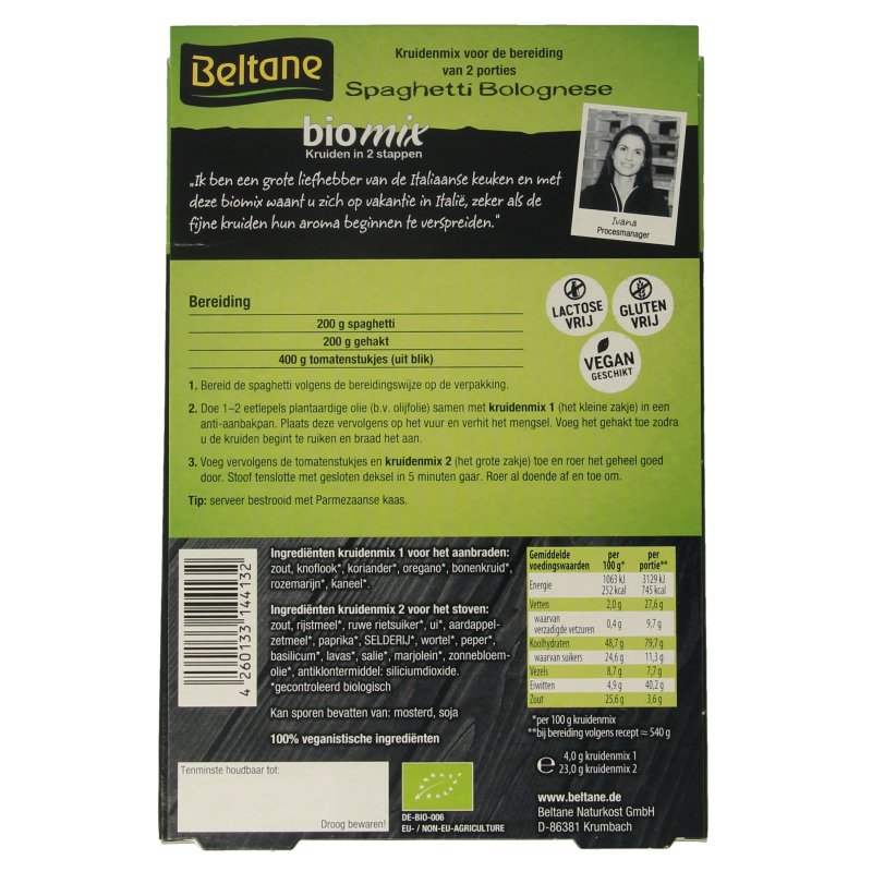 Beltane organic spaghetti bolognese mix in a 27g package, featuring pasta and rice blend for quick, flavorful meals