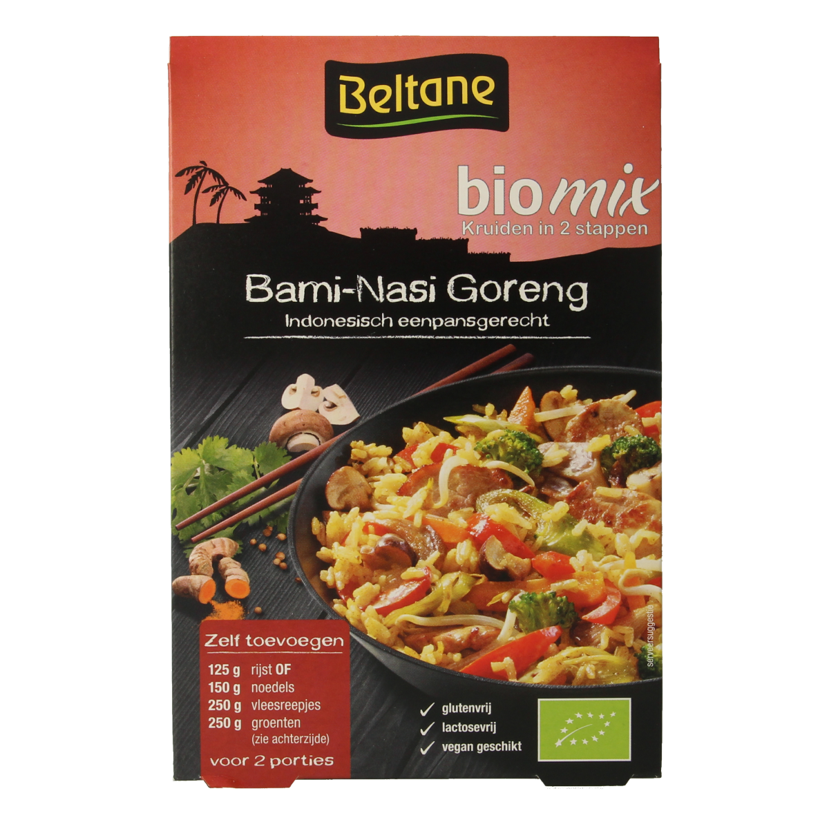 Beltane Bami & Nasi Goreng kruiden bio in 18g packet, organic seasoning mix for Indonesian dishes, with herbs and spices.