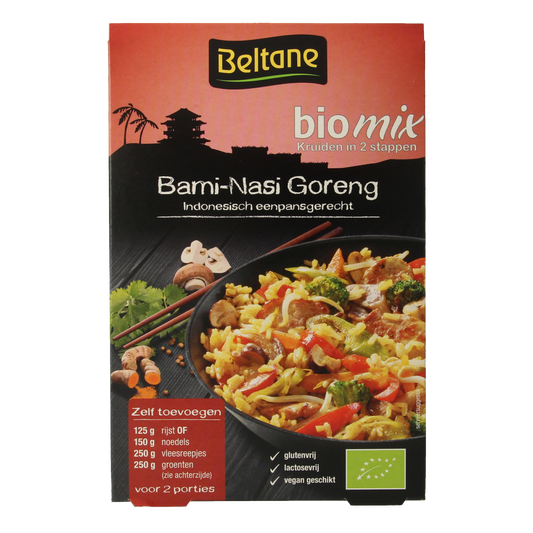 Beltane Bami & Nasi Goreng kruiden bio in 18g packet, organic seasoning mix for Indonesian dishes, with herbs and spices.