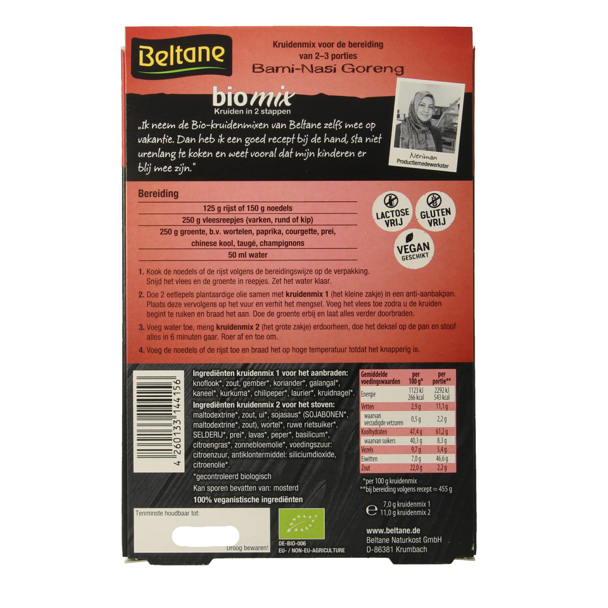 Beltane Bami en nasi goreng kruiden bio, 18g, organic seasoning mix for Asian dishes, featuring herbs and spices in a small packet.