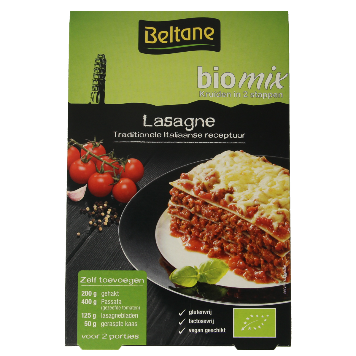 Beltane Lasagne bio kruiden, zout en maaltijdmix in 26g packet, natural seasoning blend for lasagna preparation.
