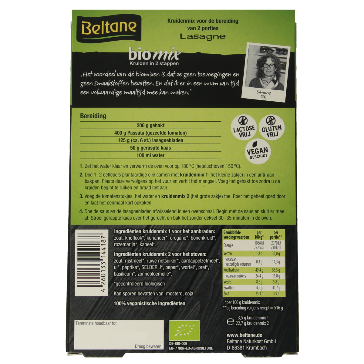 Beltane Lasagne bio kruiden, zouten en maaltijdmixen, 26g, close-up of colorful herb and spice blend in a clear container