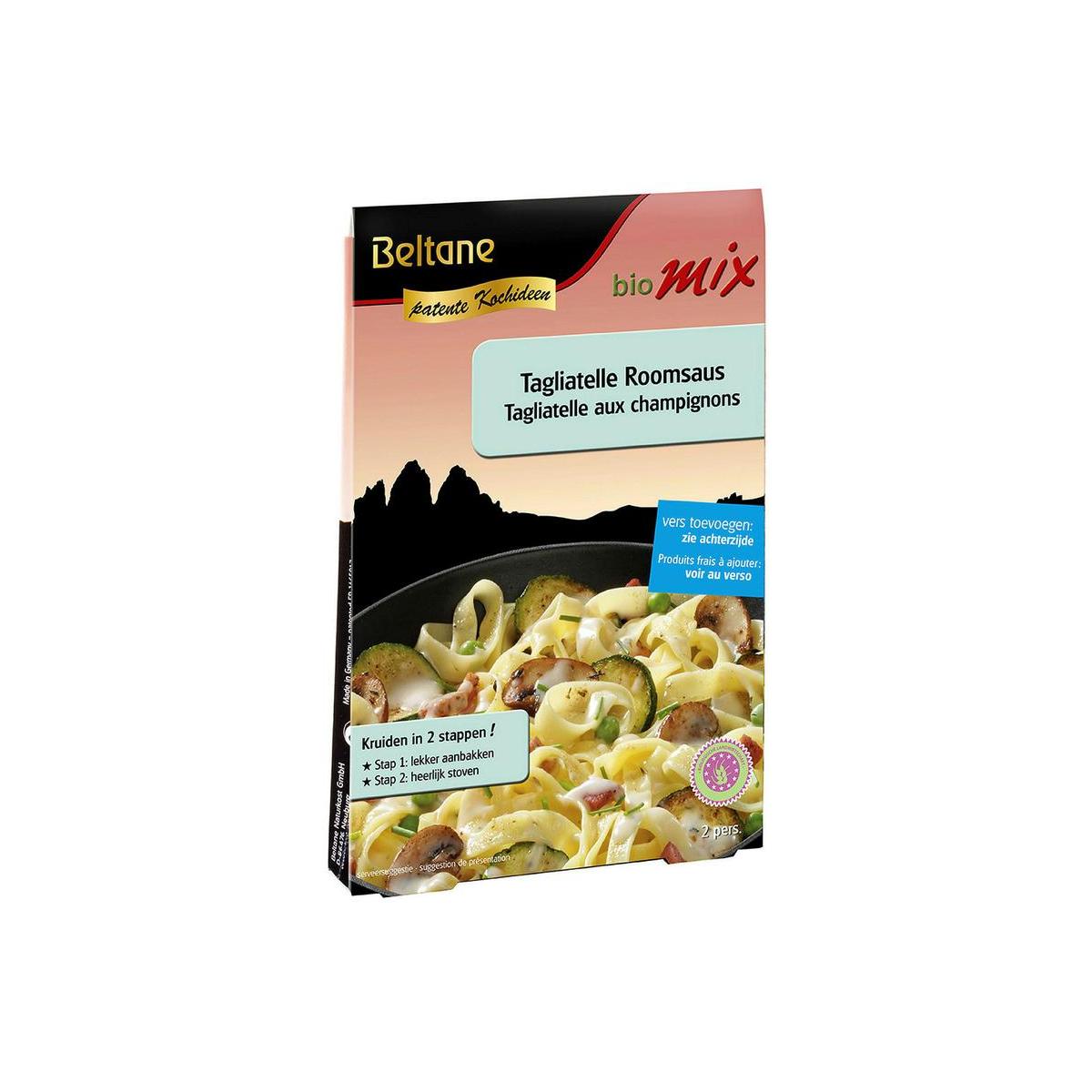 Beltane Tagliatelle roomsaus bio with herbs, salt, and meal mix in a 17.1 gram package, featuring fresh ingredients and natural flavors.