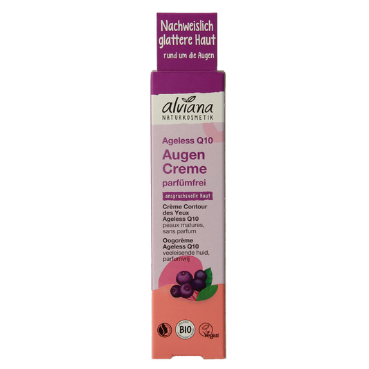 Alviana Oogcreme anti-aging Q10 in 15ml jar, facial skincare product for reducing wrinkles and rejuvenating skin around eyes.