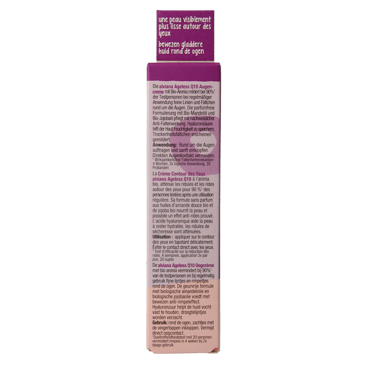 Alviana anti-aging Q10 eye cream in 15ml jar, facial skincare product with a white and silver container and a smooth texture.