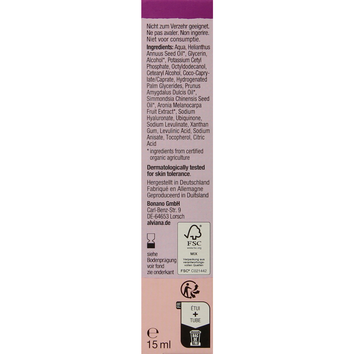Alviana anti-aging Q10 eye cream in 15ml, facial skincare product with a white and silver jar showing the cream inside.