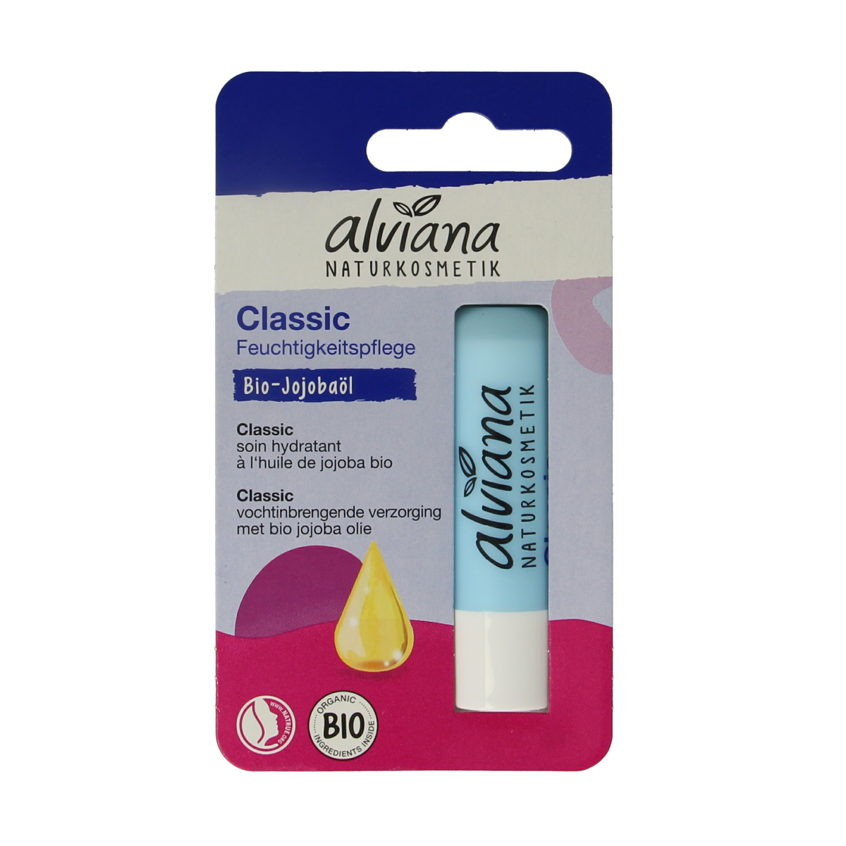 Alviana Lipverzorging classic lip balm in a 4.50 gram container, showing the sleek packaging and product label.