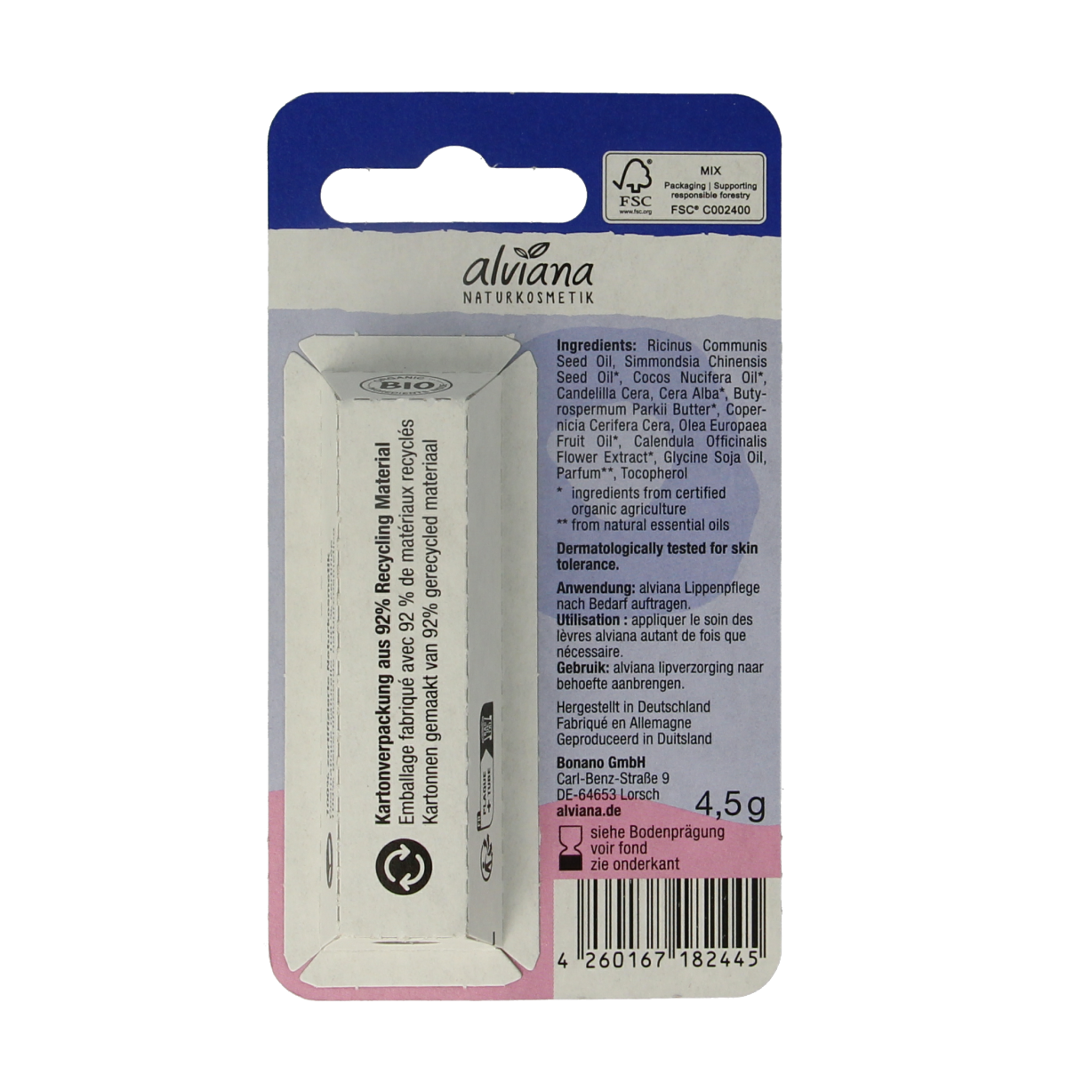 Alviana Lipverzorging classic lip balm in a 4.50 gram container, featuring natural ingredients and smooth application.
