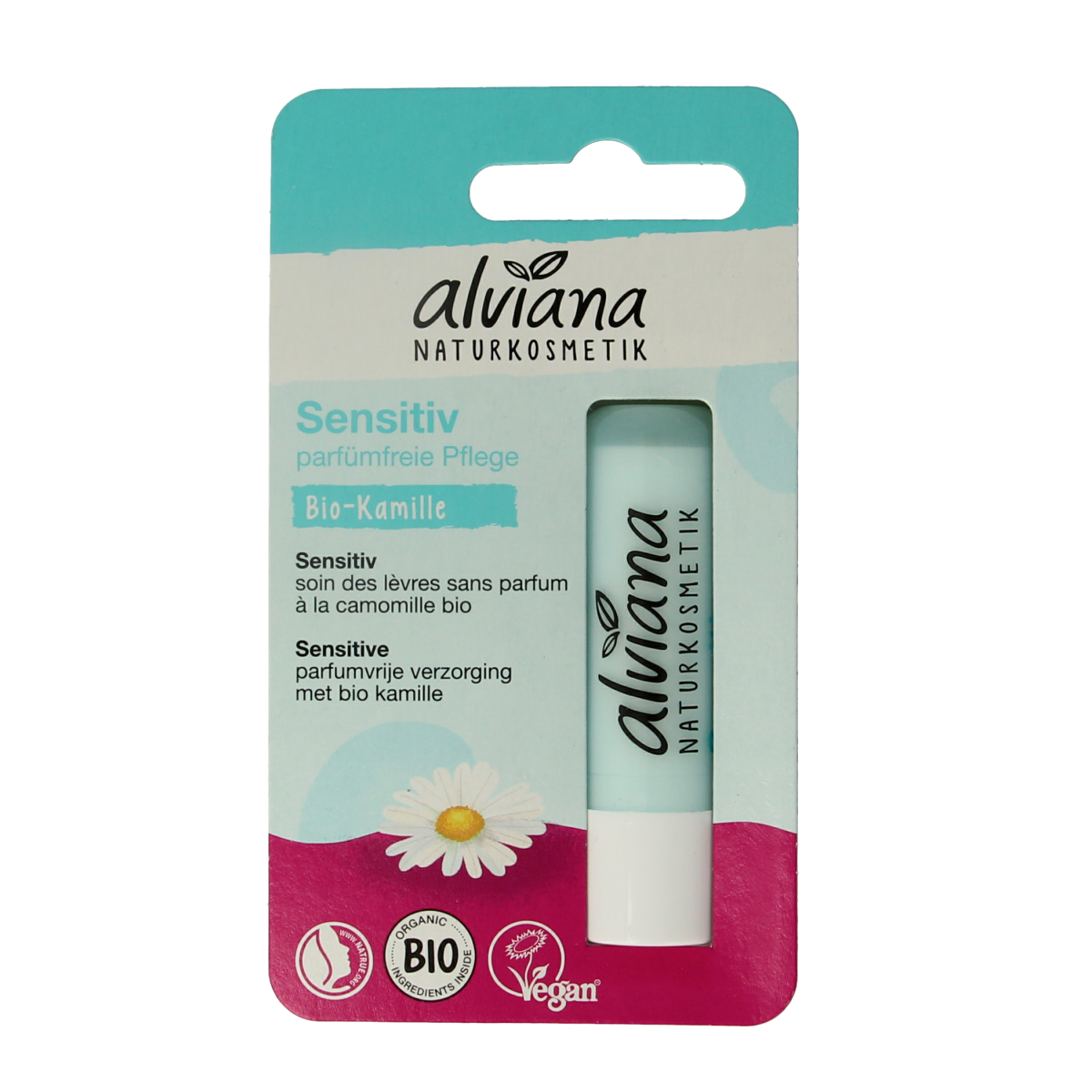 Alviana Lipverzorging sensitive lip balm in a 4.50 gram container, designed for gentle lip care and hydration.