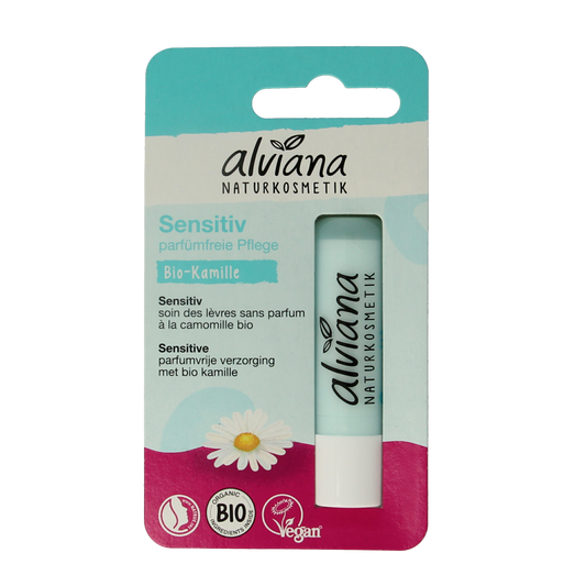 Alviana Lipverzorging sensitive lip balm in a 4.50 gram container, designed for gentle lip care and hydration.