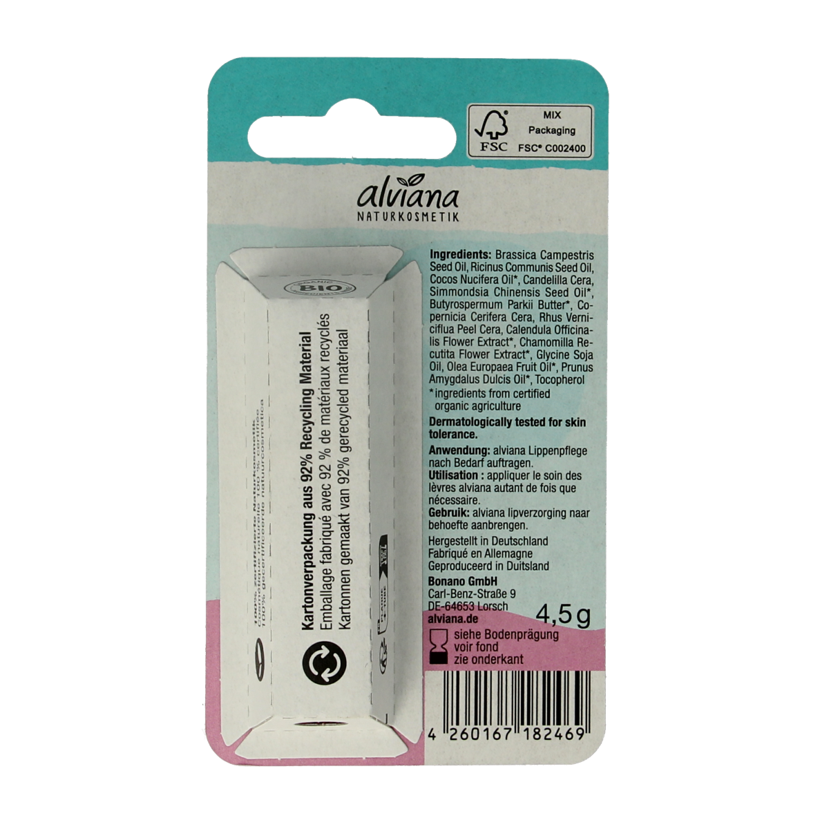 Alviana Lipverzorging sensitive lip balm in a 4.5g tub, designed for gentle lip care and hydration.
