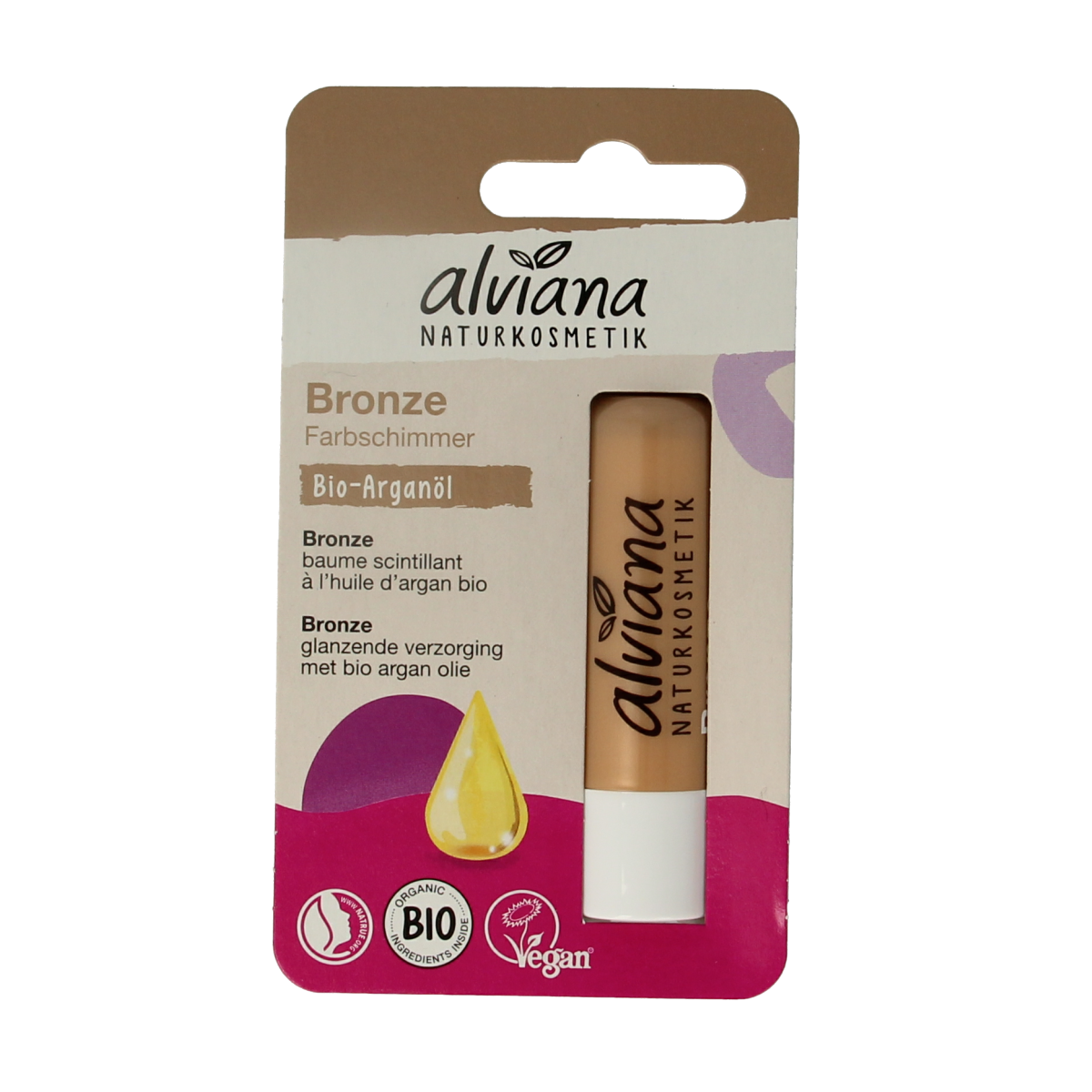 Alviana Lipverzorging bronze lip balm in a 4.5g container, featuring a smooth, moisturizing formula with a bronzed finish.