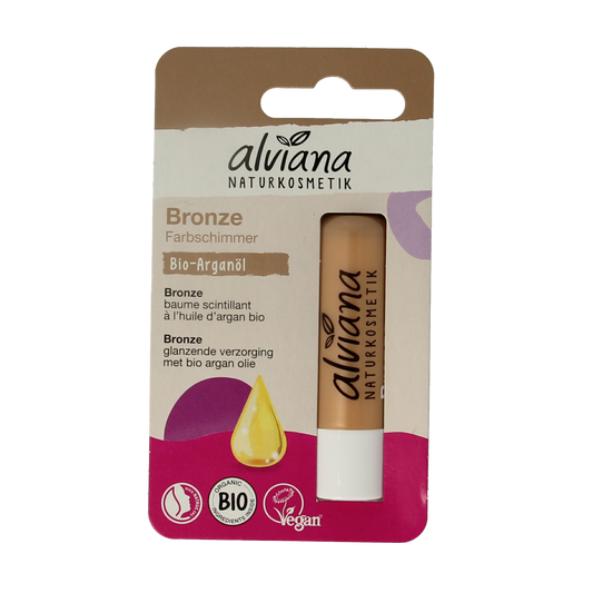 Alviana Lipverzorging bronze lip balm in a 4.5g container, featuring a smooth, moisturizing formula with a bronzed finish.