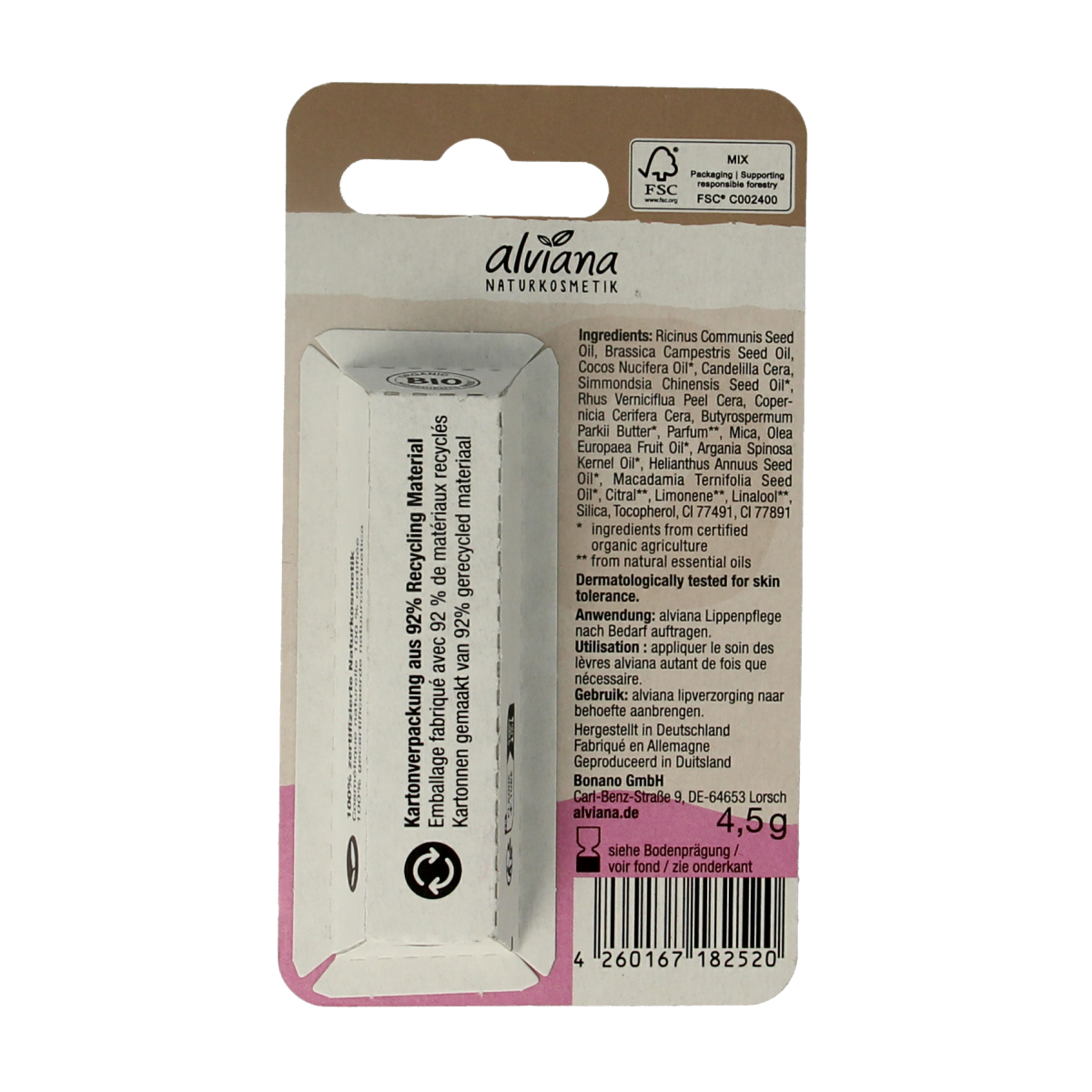 Alviana Lipverzorging bronze lip balm in a 4.5g container, providing nourishing and shimmering lip care.